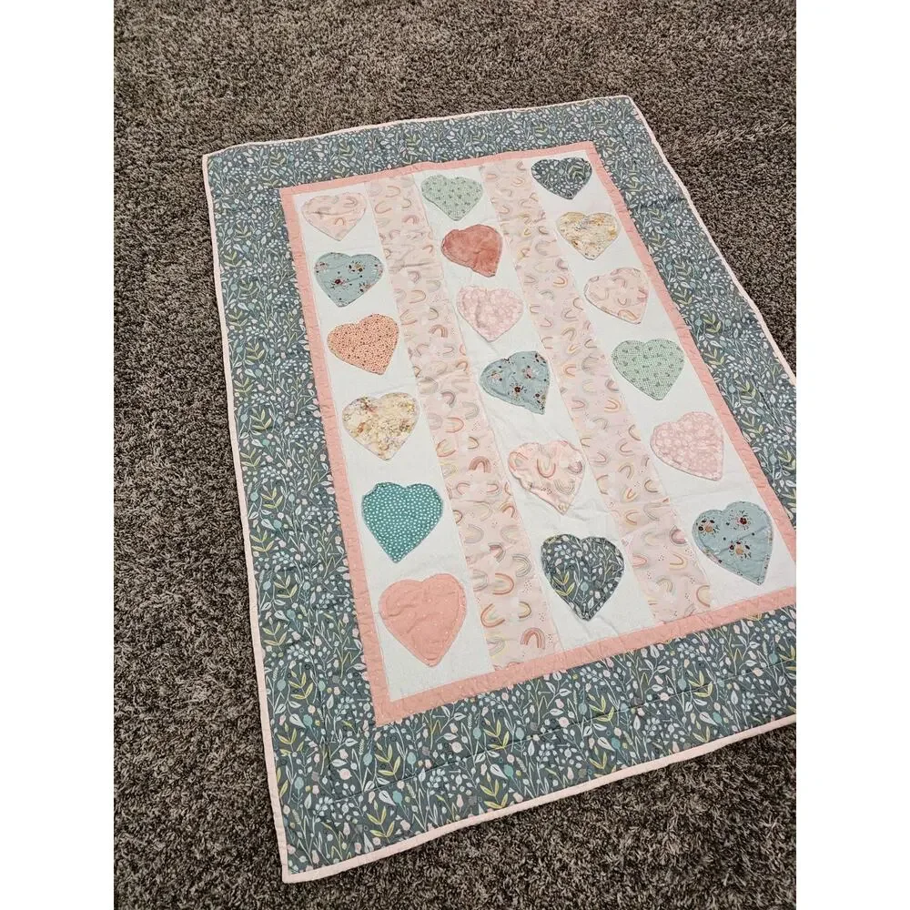 Handmade Baby Crib Quilt Patchwork Heart Print Pastel Colors Cottagecore